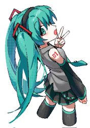 Rule 34 | 1girl, aqua eyes, aqua hair, aqua nails, bare shoulders, black skirt, black sleeves, black thighhighs, blue trim, collared shirt, cowboy shot, detached sleeves, grey shirt, hand up, hatsune miku, highres, long hair, long sleeves, looking at viewer, looking back, number tattoo, open mouth, pixel art, pleated skirt, samsap, shirt, simple background, skirt, smile, solo, tattoo, thighhighs, twintails, v, very long hair, vocaloid, white background