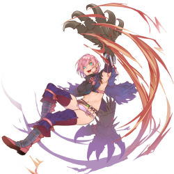 Rule 34 | 1girl, arm up, armor, armpits, belt, blue eyes, claw (weapon), cloak, kochiya (gothope), medium hair, monster hunter (series), monster hunter: world, navel, open mouth, pink hair, simple background, smile, solo, teeth, torn cloak, torn clothes, weapon, white background
