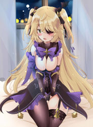 Rule 34 | 1girl, arms between legs, bare shoulders, bed, black dress, blonde hair, blush, bow, breasts, cleavage, curtains, detached sleeves, dress, eyepatch, facing viewer, fischl (genshin impact), frills, garter straps, genshin impact, green eyes, hair over one eye, hair ribbon, highres, indoors, large breasts, lights, long hair, long sleeves, looking away, night, night sky, open mouth, purple bow, ribbon, single thighhigh, sitting, sky, solo, thighhighs, thighs, tonchinkan, two side up, very long hair, wet, window