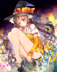 Rule 34 | 1girl, apple, bare legs, breasts, brown hair, cleavage, elbow pads, food, fruit, full body, green eyes, hat, high heels, long hair, looking at viewer, no socks, original, pumpkin, solo, witch, witch hat, yadapot