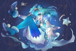 Rule 34 | 1girl, blue background, blue eyes, blue footwear, blue hair, blue neckwear, blue pantyhose, blue theme, bubble skirt, choker, cure milky, earrings, full body, hagoromo lala, hair ornament, hairband, highres, jewelry, looking at viewer, magical girl, open mouth, outstretched hand, pantyhose, pointy ears, precure, puffy sleeves, see-through, see-through sleeves, shipu (gassyumaron), shoes, shooting star hair ornament, short hair, signature, single leg pantyhose, skirt, smile, solo, sparkle, star (symbol), star earrings, star hair ornament, star in eye, star twinkle precure, symbol in eye, wrist cuffs, yellow hairband