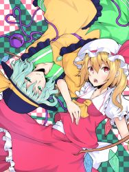 Rule 34 | 2girls, arms behind back, ascot, blonde hair, bow, flandre scarlet, green eyes, green hair, hat, hat bow, heart, heart of string, ishimu, komeiji koishi, locked arms, multiple girls, red eyes, third eye, touhou, trait connection, wings