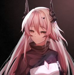 Rule 34 | 1girl, arknights, black background, commentary request, hair between eyes, high collar, highres, horns, long hair, minuo, pink eyes, pink hair, shirt, solo, theresa (arknights), upper body