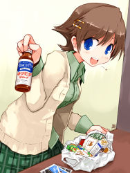 Rule 34 | 10s, 1girl, :d, bag, blue eyes, blush, bottle, brown hair, cardigan, casual, collared shirt, food, from side, green shirt, hair ornament, hairclip, head tilt, heart, hiei (kancolle), holding, holding bottle, kanoe soushi, kantai collection, looking at viewer, open cardigan, open clothes, open mouth, plaid, plaid skirt, plastic bag, pleated skirt, shirt, short hair, skirt, smile, solo, wing collar