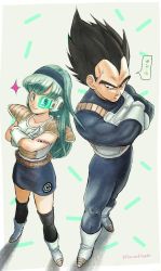 Rule 34 | &gt;:), 1boy, 1girl, aged up, alternate costume, aqua hair, armor, black eyes, black hair, black legwear, blue bodysuit, blue eyes, blue hairband, blue skirt, blunt bangs, blush, bodysuit, boots, bra (dragon ball), capsule corp, closed mouth, collarbone, commentary request, crossed arms, dragon ball, dragonball z, father and daughter, from above, frown, full body, gloves, green-tinted eyewear, grey background, hairband, leg warmers, long hair, looking at another, looking back, morinokinoko db, neck, nervous, pencil skirt, saiyan, scouter, serious, shadow, short hair, side-by-side, simple background, skirt, smile, sparkle, speech bubble, spiked hair, standing, sticker, sweatdrop, tail, tinted eyewear, translation request, twitter username, v, v-shaped eyebrows, vegeta, white footwear, white gloves