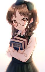 Rule 34 | 1girl, absurdres, backlighting, bad id, bad pixiv id, barcode, black-framed eyewear, blush, book, bow, bowtie, braid, brown eyes, brown hair, closed mouth, collared shirt, commentary request, cotrpopor, glasses, green bow, green bowtie, green skirt, green vest, hair bow, hair ornament, hair over shoulder, highres, holding, holding book, idolmaster, idolmaster cinderella girls, long hair, long sleeves, looking at viewer, round eyewear, sanpaku, shirt, sidelocks, simple background, skirt, skirt set, sleeves past wrists, solo, tachibana arisu, twin braids, twintails, undershirt, upper body, vest, white background, white shirt