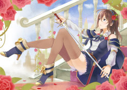 Rule 34 | 1girl, bare shoulders, blue eyes, boots, brown hair, day, detached sleeves, dress, flower, hairband, high heel boots, high heels, long hair, looking away, original, parted lips, plant, retsuna, shoes, sitting, solo, stairs, sword, thighhighs, vines, weapon