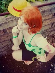 Rule 34 | 1girl, breasts, camisole, cosplay, nami (one piece), nami (one piece) (cosplay), one piece, orange hair, photo (medium), shorts, solo