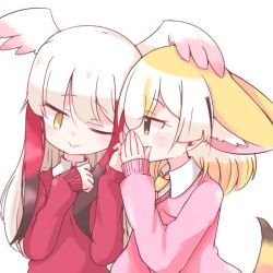 Rule 34 | 10s, 2girls, ;&gt;, alternate costume, animal ears, bad id, bad twitter id, blonde hair, brown eyes, brown hair, commentary, covering own mouth, extra ears, feathered wings, fennec (kemono friends), fox ears, fox tail, head wings, japanese crested ibis (kemono friends), kemono friends, long hair, mahe (hammerdskd), multicolored hair, multiple girls, one eye closed, red hair, sidelocks, simple background, smile, tail, upper body, whispering, white background, white hair, wings, yellow eyes