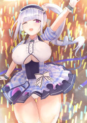 Rule 34 | 1girl, azur lane, breasts, center frills, clothing cutout, dido (azur lane), dido (muse) (azur lane), dress, frills, gloves, gluteal fold, headphones, highres, large breasts, light purple hair, long hair, multicolored clothes, multicolored dress, open mouth, panties, pantyshot, purple eyes, purple ribbon, ribbon, short dress, short sleeves, solo, takahasho, underboob, underboob cutout, underwear, white gloves, white panties
