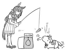 Rule 34 | 1girl, puff of air, admire vega (umamusume), animal ears, animalization, bow, bowtie, carrot, closed eyes, commentary, ear covers, earrings, fishing rod, hair bow, holding, holding fishing rod, horse, horse ears, horse girl, horse tail, jewelry, loafers, long hair, looking down, looking up, low ponytail, minimized, motion lines, narita top road (umamusume), pleated skirt, puffy short sleeves, puffy sleeves, race bib, sailor collar, sailor shirt, shirt, shoes, short sleeves, sidelocks, simple background, single ear cover, sketch, skirt, speed lines, tail, takatsuki nato, thighhighs, translated, umamusume