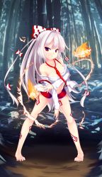 Rule 34 | 1girl, adapted costume, albino, alternate costume, bamboo, bamboo forest, bare shoulders, barefoot, blouse, bow, eila yagyu, fire, forest, fujiwara no mokou, full body, hair bow, hair ornament, highres, legs apart, long hair, long sleeves, looking at viewer, midriff, nature, navel, necktie, off shoulder, ofuda, red eyes, red necktie, shirt, short shorts, shorts, smirk, solo, standing, stomach, teeth, thighs, touhou, very long hair, white hair, white shirt