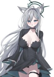 Rule 34 | 1girl, :o, ahoge, animal ear fluff, animal ears, black choker, black dress, black gloves, black sleeves, blue archive, blue eyes, breasts, breasts apart, choker, collarbone, covered navel, cowboy shot, dress, erenav, gloves, grey hair, halo, highres, large breasts, long dress, long hair, long sleeves, looking at viewer, mismatched pupils, official alternate costume, open mouth, panties, pantyshot, shiroko (blue archive), shiroko terror (blue archive), simple background, skin tight, solo, thigh strap, underwear, very long hair, white background, wide sleeves