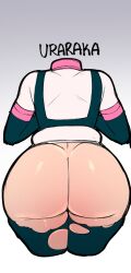 Rule 34 | 1girl, ass, blackwhiplash, bodysuit, boku no hero academia, character name, cropped, curvy, from behind, highres, huge ass, simple background, solo, thick thighs, thighs, third-party edit, torn clothes, uraraka ochako, wide hips