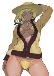 Rule 34 | 1girl, ashiomi masato, blonde hair, blue eyes, breasts, closed mouth, guilty gear, guilty gear xrd, hat, jacket, large breasts, looking at viewer, medium hair, millia rage, simple background, solo, swimsuit, white background
