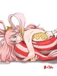 Rule 34 | 1girl, bare shoulders, blue eyes, blush, breast press, breasts, crying, curled up, highres, large breasts, mermaid, monster girl, one piece, pink hair, shirahoshi, solo