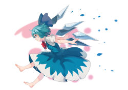 Rule 34 | 1girl, ahoge, barefoot, blue bow, blue eyes, blue hair, blush, bow, bowtie, cirno, detached wings, dress, from side, full body, grin, hair bow, hashiro, ice, ice wings, leaning forward, pinafore dress, profile, red bow, red bowtie, shirt, short hair, short sleeves, sleeveless dress, smile, solo, tareme, teeth, touhou, two-tone background, white shirt, wings
