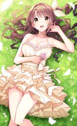 Rule 34 | 1girl, absurdres, blush, breasts, brown eyes, brown hair, day, dress, flower, grass, hair ribbon, halter dress, halterneck, hand up, highres, holding, holding flower, idolmaster, idolmaster cinderella girls, knees together feet apart, long hair, looking at viewer, lying, medium breasts, on back, one side up, open mouth, outdoors, petals, pink flower, ribbon, shimamura uzuki, sidelocks, smile, solo, u rin, yellow dress, yellow ribbon