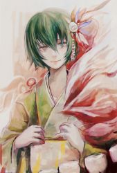 Rule 34 | 1girl, blue eyes, eto (tokyo ghoul), flower, green hair, hair between eyes, hair flower, hair ornament, holding, japanese clothes, kagune (tokyo ghoul), kimono, long sleeves, looking at viewer, noro (tokyo ghoul), orange kimono, red eyes, short hair, smile, solo, straw like, teeth print, tokyo ghoul, tokyo ghoul:re, upper body, white background