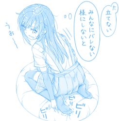 Rule 34 | 1girl, asashio (kancolle), blue theme, gotou hisashi, hair between eyes, kantai collection, long hair, looking back, motion lines, open mouth, pleated skirt, seiza, shirt, short sleeves, simple background, sitting, skirt, solo, suspender skirt, suspenders, thighhighs, thought bubble, translation request, white background