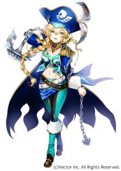 Rule 34 | 1girl, :d, ahoge, anchor, aqua boots, aqua eyes, aqua pants, arm up, bandages, bandana, belt, bicorne, black footwear, black pants, blonde hair, blue bandana, blue bandanna, blue coat, blue hat, blush, boots, braid, breasts, buttons, chain, coat, collarbone, commentary request, copyright notice, crossed legs, english text, epaulettes, eyes visible through hair, full body, gem, gold trim, hair between eyes, hair over shoulder, hat, hat feather, high collar, high heels, holding, jolly roger, knee boots, large breasts, long hair, long sleeves, looking at viewer, midriff, multiple belts, navel, noatopia, official art, open clothes, open coat, open mouth, original, over shoulder, paisley, pants, parted bangs, pirate, pirate costume, pirate hat, print bandanna, sarashi, sidelocks, simple background, sleeve cuffs, smile, solo, stomach, studded belt, very long hair, watermark, watson cross, wavy hair, white background, yanyo (ogino atsuki)