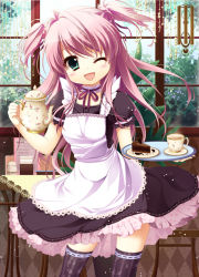 Rule 34 | 1girl, ;d, apron, bad id, bad pixiv id, black thighhighs, blush, cake, cake slice, chocolate cake, choker, cup, food, green eyes, long hair, maid, maid apron, one eye closed, open mouth, original, pink hair, ribbon, shiramori yuse, short twintails, smile, solo, striped clothes, striped thighhighs, teacup, teapot, thighhighs, tray, twintails, two side up, vertical-striped clothes, vertical-striped thighhighs, window, wink, zettai ryouiki