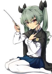 Rule 34 | 1girl, anchovy (girls und panzer), anzio school uniform, belt, black belt, black cape, black necktie, black ribbon, black skirt, buchikaki, cape, closed mouth, commentary, dress shirt, drill hair, girls und panzer, green hair, hair ribbon, hand on own chest, holding, long hair, long sleeves, looking at viewer, miniskirt, necktie, no shoes, pantyhose, pleated skirt, red eyes, ribbon, riding crop, school uniform, shadow, shirt, simple background, skirt, smile, solo, twin drills, twintails, twitter username, white background, white pantyhose, white shirt