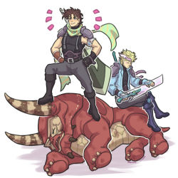 Rule 34 | 2boys, artist name, battle tendency, belt, black gloves, black sclera, blonde hair, blue jacket, boots, breath, brown hair, caesar anthonio zeppeli, colored sclera, crisis core final fantasy vii, crossover, diceratops (crisis core), emeraudolupus, facial mark, final fantasy, final fantasy vii, fingerless gloves, gloves, green scarf, hands on own hips, happy, headband, highres, holding, holding sword, holding weapon, horns, jacket, jojo no kimyou na bouken, joseph joestar, joseph joestar (young), look-alike, monster, multiple boys, parody, running, scarf, shoulder pads, signature, standing on animal, striped clothes, striped scarf, suspenders, sword, turtleneck, weapon, weapon on back, winged hair ornament