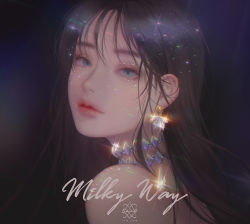 Rule 34 | 1girl, artist name, black background, blue eyes, brown hair, choker, earrings, english text, eyelashes, jewelry, lens flare, lips, long hair, looking at viewer, looking back, love cacao, nose, original, portrait, simple background, solo, sparkle