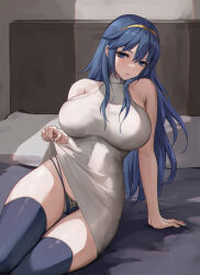 Rule 34 | 1girl, alternate breast size, arm support, bare arms, bare shoulders, blue eyes, blue hair, blue panties, breasts, chihunhentai, clothes lift, dress, dress lift, fire emblem, fire emblem awakening, highres, indoors, large breasts, lifted by self, long hair, looking at viewer, lucina (fire emblem), nintendo, on bed, panties, sidelocks, sitting, sleeveless, solo, thighhighs, thighs, tiara, underwear, upskirt