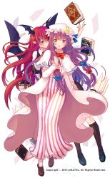Rule 34 | 10s, 2015, 2girls, artist name, bat wings, black socks, blush, book, bow, bowtie, capelet, crescent, dress, full body, hair bow, hat, head wings, highres, kneehighs, koakuma, long hair, long sleeves, looking at viewer, mob cap, multiple girls, open book, open mouth, paper, patchouli knowledge, pikatsu, pointy ears, purple eyes, purple hair, red eyes, red hair, shirt, shoes, socks, striped clothes, striped dress, touhou, vest, white background, white legwear, wings, yuri