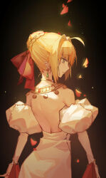 Rule 34 | 1girl, absurdres, ahoge, bare shoulders, black background, bow, braid, choker, detached sleeves, earrings, fate/grand order, fate (series), french braid, green eyes, hair bow, hair intakes, highres, jewelry, kotatsu kaya, necklace, nero claudius (fate), nero claudius (fate) (all), petals, profile, puffy sleeves, red bow, shoulder blades, solo
