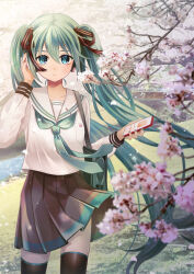 Rule 34 | 1girl, blue eyes, blue hair, blush, cellphone, cherry blossoms, commentary, flower, hair ribbon, hand on headphones, hatsune miku, headphones, highres, holding, holding phone, long hair, long sleeves, looking at viewer, nail polish, necktie, outdoors, parted lips, petals, phone, pleated skirt, ribbon, school uniform, serafuku, skirt, smartphone, solo, thighhighs, twintails, very long hair, vocaloid, watanacat, wind