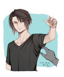 Rule 34 | 1boy, alternate costume, arm up, black shirt, blue background, blue eyes, brown hair, clothes pull, commentary request, cropped torso, dated, final fantasy, final fantasy viii, hiryuu (kana h), male focus, pov, pov hands, scar, scar on face, shirt, short hair, signature, simple background, solo, squall leonhart, sweatdrop, t-shirt, tan, tanline, upper body, v-neck