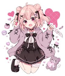 Rule 34 | 1girl, ahoge, bandages, bandaid, black bow, black choker, black footwear, black skirt, blush, bow, center frills, choker, collared shirt, commentary request, double bun, fang, food, frilled skirt, frills, hair bow, hair bun, hair ornament, heart, heart-shaped pupils, heart background, highres, holding, holding knife, hood, hood down, hooded jacket, jacket, knife, kokoshira 0510, long sleeves, looking at viewer, open clothes, open jacket, open mouth, original, pink hair, pleated skirt, puffy long sleeves, puffy sleeves, shirt, shoes, skirt, sleeves past wrists, smile, socks, solo, stuffed animal, stuffed toy, symbol-shaped pupils, teddy bear, white background, white shirt, white socks, x hair ornament
