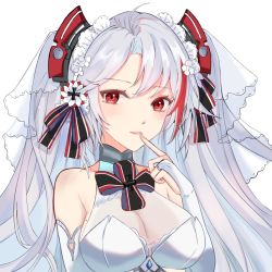 Rule 34 | 1girl, ahoge, azur lane, bare shoulders, blue gemstone, breasts, bridal gauntlets, bridal veil, collarbone, cross, dress, finger to mouth, gem, hair between eyes, hair ribbon, hand up, headgear, hua miao (srrs7842), iron cross, large breasts, long hair, looking at viewer, mole, mole on breast, multicolored hair, neck ribbon, official alternate costume, parted lips, prinz eugen (azur lane), prinz eugen (symphonic fate) (azur lane), red eyes, red hair, ribbon, sidelocks, silver hair, simple background, smile, solo, streaked hair, swept bangs, two side up, upper body, veil, very long hair, wedding dress, white background, white dress