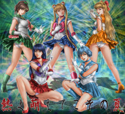Rule 34 | 1990s (style), 5girls, aino minako, ankle boots, ankle strap, ass, bishoujo senshi sailor moon, blonde hair, blue footwear, blue hair, blue sailor collar, blue skirt, boots, bow, bracelet, brown hair, choker, clothes lift, collarbone, cross-laced footwear, double bun, earrings, elbow gloves, gloves, green footwear, green skirt, hair bow, hair bun, hand on own hip, hand on own chest, high heel boots, high heels, highres, hino rei, hip focus, inner senshi, jewelry, kino makoto, knee boots, kneeling, kneepits, lace-up boots, leotard, lips, lipstick, long hair, looking at viewer, looking back, magical girl, makeup, mizuno ami, multicolored background, multiple girls, \n/, orange skirt, panties, pantyshot, parted lips, pink bow, pleated skirt, ponytail, pretty guardian sailor moon, purple hair, red bow, red skirt, retro artstyle, sailor, sailor collar, sailor jupiter, sailor mars, sailor mercury, sailor moon, sailor senshi, sailor venus, shiny skin, shoes, short hair, skin tight, skirt, skirt lift, smile, sparkle, squatting, standing, thighs, tiara, toten (der fuhrer), translation request, tsukino usagi, underwear, upskirt, v, white gloves, white panties, wind, wind lift