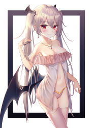Rule 34 | 1girl, absurdres, bare shoulders, bat wings, black nails, blush, breasts, cleavage, closed mouth, collarbone, commentary request, cowboy shot, demon girl, earrings, framed, hair between eyes, hand up, highres, jewelry, kyubi (99b 1226), lingerie, long hair, looking at viewer, medium breasts, nail polish, navel, necklace, off shoulder, original, outside border, panties, pink panties, pink thighhighs, pointy ears, red eyes, sidelocks, silver hair, simple background, smile, solo, thighhighs, twintails, underwear, underwear only, very long hair, winged hair ornament, wings