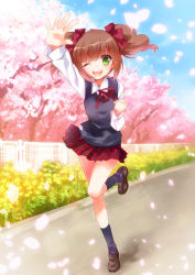 Rule 34 | 10s, 1girl, ;d, arm up, blunt bangs, bow, brown hair, cherry blossoms, ech, green eyes, hair bow, highres, idolmaster, idolmaster (classic), idolmaster 2, long hair, one eye closed, open mouth, outstretched hand, petals, plaid, plaid skirt, school uniform, sidelocks, skirt, smile, solo, standing, standing on one leg, sweater vest, takatsuki yayoi, tree, twintails, waving, wink