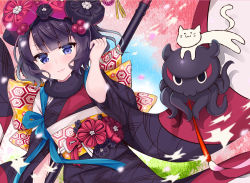 Rule 34 | 1girl, animal, black hair, black kimono, blush, bow, calligraphy brush, cat, checkered bow, checkered clothes, closed mouth, commentary request, dutch angle, fate/grand order, fate (series), fur collar, hair ornament, highres, holding, holding paintbrush, japanese clothes, katsushika hokusai (fate), kimono, ko yu, light smile, long sleeves, obi, octopus, paintbrush, purple eyes, sash, solo, v-shaped eyebrows, wide sleeves