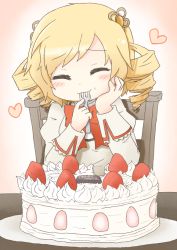 Rule 34 | 10s, blonde hair, cake, chair, closed eyes, drill hair, eating, food, fork, long hair, mahou shoujo madoka magica, mahou shoujo madoka magica (anime), school uniform, solo, tamute (2580rs), tomoe mami, twin drills, twintails