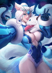 Rule 34 | 1girl, ;p, ahri (league of legends), animal ears, blue eyes, breasts, center opening, citemer, cleavage, covered navel, cowboy shot, facial mark, forehead jewel, fox ears, fox girl, fox tail, fur collar, fur trim, gloves, groin, highleg, highleg leotard, highres, large breasts, league of legends, leotard, long hair, long sleeves, looking at viewer, one eye closed, outstretched arm, ponytail, poro (league of legends), see-through, skirt, smile, tail, tongue, tongue out, v, whisker markings, white hair