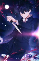 Rule 34 | 1boy, absurdres, black hair, black jacket, black pants, blood, blood splatter, blue eyes, closed mouth, collared shirt, dagger, full moon, hair between eyes, highres, holding, holding weapon, jacket, knife, long sleeves, looking at viewer, male focus, moon, night, pants, ryousuke (tukr5384), school uniform, shirt, short hair, signature, sky, solo, spiked hair, star (sky), starry sky, tohno shiki, tsukihime, weapon, white shirt, wing collar