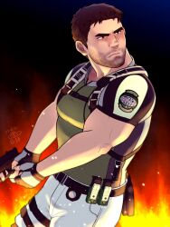 Rule 34 | 1boy, bara, beard stubble, belt, brown hair, chris redfield, facial hair, feet out of frame, fire, fire light, frown, green shirt, gun, highres, holding, holding gun, holding weapon, large pectorals, leg belt, looking to the side, male focus, mature male, multiple belts, muscular, muscular male, mustache stubble, pants, pectorals, resident evil, shirt, short hair, sideburns, solo, stubble, thick eyebrows, tight clothes, tight shirt, tsurime, v arms, weapon, white pants, yowaifish