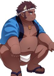 Rule 34 | 1boy, absurdres, alternate costume, bara, belly, blush, brown hair, bulge, character request, dark-skinned male, dark skin, demon horns, fat, fat man, fundoshi, gluteal fold, hachimaki, happi, headband, highres, horns, japanese clothes, long sideburns, looking to the side, male focus, male underwear, muscular, muscular male, navel, pectoral cleavage, pectorals, sandals, short hair, sideburns, smile, solo, squatting, stomach, tetsuox (housamo), tokyo houkago summoners, tt (ptcmtr), underwear, white background, white male underwear