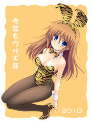 Rule 34 | 10s, 1girl, 2010, animal ears, animal print, bare shoulders, blue eyes, blush, bow, bowtie, breasts, brown hair, cleavage, fake animal ears, female focus, fishnet pantyhose, fishnets, kneeling, legs, long hair, looking at viewer, masakichi (crossroad), original, pantyhose, playboy bunny, rabbit ears, serious, shoes, shy, solo, tiger print, translation request, wrist cuffs
