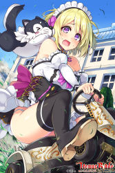 Rule 34 | 1girl, :o, animal, animal on shoulder, ass, bare shoulders, black footwear, blonde hair, blush, boots, breasts, building, copyright request, creature, day, dress, driving, falling leaves, grass, hair ribbon, highres, hisen kaede, juliet sleeves, large breasts, leaf, long sleeves, looking at viewer, maid headdress, motor vehicle, motorcycle, nail polish, off-shoulder dress, off shoulder, official art, open mouth, outdoors, panties, pink nails, puffy sleeves, purple eyes, purple ribbon, ribbon, short hair, sidelocks, solo, sweatdrop, thigh boots, thighhighs, tree, underbust, underwear, venus blade, watermark, white dress, white panties, window