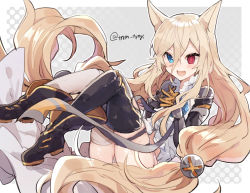Rule 34 | 1girl, animal ears, asymmetrical legwear, black thighhighs, blonde hair, blue eyes, blue flower, boots, dress, fang, fingers together, flower, full body, g41 (girls&#039; frontline), girls&#039; frontline, hair between eyes, hair bobbles, hair flower, hair ornament, heterochromia, ikeuchi tanuma, long hair, low-tied long hair, low twintails, open mouth, panties, reclining, red eyes, single thighhigh, sketch, smile, solo, thigh boots, thigh strap, thighhighs, twintails, twitter username, underwear, uneven legwear, very long hair, white dress, white panties, white thighhighs