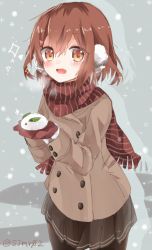 Rule 34 | 10s, 1girl, bad id, bad twitter id, black pantyhose, blush, brown eyes, brown gloves, buttons, coat, double-breasted, earmuffs, fang, gloves, hair ornament, hairclip, ikazuchi (kancolle), kantai collection, looking at viewer, open mouth, pantyhose, scarf, shijima (sjmr02), short hair, skirt, snow rabbit, snowing, solo, twitter username, winter clothes, winter coat