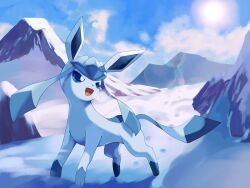 Rule 34 | animal focus, artist name, blue eyes, blue skin, blue sky, bright pupils, cloud, colored skin, commentary request, creatures (company), game freak, gen 4 pokemon, glaceon, highres, nintendo, no humans, outdoors, pokemon, pokemon (creature), prehensile ribbon, rongai28, sky, snow, sun, tail, twitter username